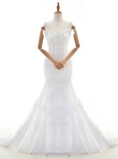 Fantastic Mermaid With Train White Wedding Dress Lace Court Train Sleeveless Beading and Lace