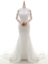 Mermaid Scalloped White Zipper Wedding Gowns Lace Long Sleeves With Brush Train