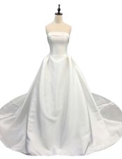 Strapless Sleeveless Satin Wedding Dress Ruching Chapel Train Zipper