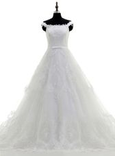 Fantastic Sweep Train A-line Wedding Gowns White Scoop Tulle Sleeveless With Train Zipper