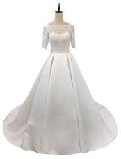 Lace Wedding Dresses White Zipper Half Sleeves With Train Chapel Train