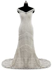 Custom Made White Lace Zipper Wedding Dresses Cap Sleeves With Brush Train Lace and Sashes|ribbons