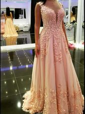 Spectacular Peach Tulle Backless Evening Dress Sleeveless Floor Length Appliques