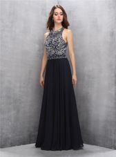 Fantastic Halter Top Black A-line Beading Formal Dresses Backless Chiffon Sleeveless Floor Length