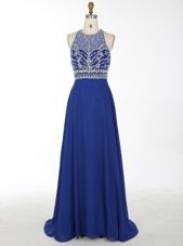 Royal Blue Criss Cross Scoop Beading Evening Dress Chiffon Sleeveless Brush Train