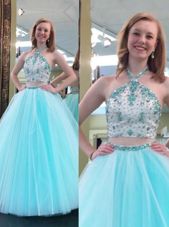 Low Price Blue Halter Top Neckline Beading Prom Dresses Sleeveless Backless