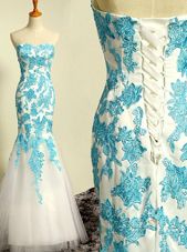Flare Mermaid Blue and Blue And White Lace Up Prom Dress Appliques Sleeveless Floor Length