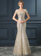 Discount Mermaid Scoop Cap Sleeves Floor Length Sequins and Belt Champagne Sequined