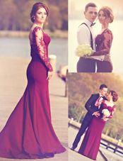 Scoop Burgundy Mermaid Appliques Prom Evening Gown Zipper Elastic Woven Satin Long Sleeves