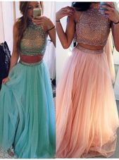 Halter Top Blue Tulle Zipper Prom Gown Sleeveless Floor Length Beading