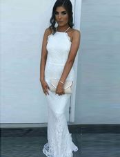Elegant Mermaid Square White Evening Dress Lace Brush Train Sleeveless Lace