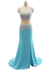 Mermaid Sleeveless Beading Zipper Prom Gown with Aqua Blue Brush Train