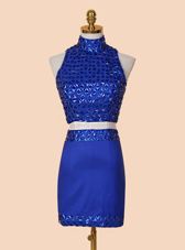 Satin High-neck Sleeveless Backless Beading Cocktail Dress in Royal Blue