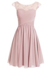 Custom Design Scoop Pink Chiffon Zipper Evening Dress Cap Sleeves Knee Length Beading