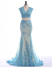 Captivating Mermaid Sleeveless With Train Lace Zipper Evening Party Dresses with Blue Brush Train
