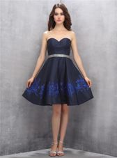 Hot Sale Satin Sweetheart Sleeveless Zipper Beading and Appliques Prom Party Dress in Navy Blue