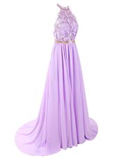 Fitting Lace Lavender Backless Sleeveless With Brush Train