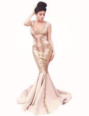 Mermaid Scoop Peach Sleeveless Brush Train Beading With Train Homecoming Dress