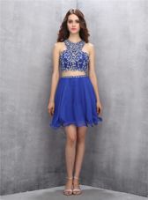 Custom Fit Royal Blue A-line Chiffon Scoop Sleeveless Beading Knee Length Criss Cross Evening Dress
