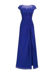 Stunning Scoop Floor Length Royal Blue Homecoming Dress Chiffon Cap Sleeves Appliques