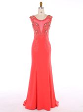 Flirting Watermelon Red Mermaid Scoop Sleeveless Chiffon Brush Train Zipper Beading Evening Outfits