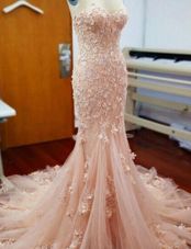 Mermaid Sweetheart Sleeveless Tulle Dress for Prom Appliques Chapel Train Zipper