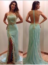 Mermaid Apple Green Prom Evening Gown Tulle Court Train Sleeveless Sequins