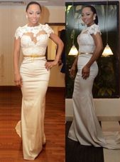 Mermaid Satin Scoop Cap Sleeves Court Train Zipper Appliques Prom Gown in White