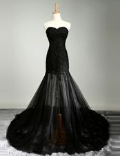 Mermaid Sleeveless With Train Lace Zipper Formal Evening Gowns with Black Brush Train