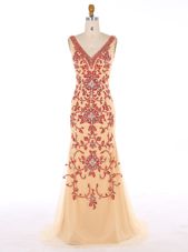 Mermaid Champagne V-neck Neckline Beading and Embroidery Prom Gown Sleeveless Zipper