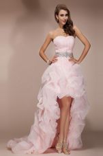 Most Popular Sweetheart Sleeveless Pageant Dress for Teens Floor Length Brush Train Beading Baby Pink Organza