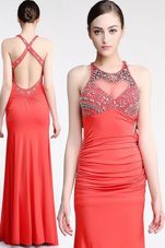 Colorful Floor Length Watermelon Red Prom Party Dress Scoop Sleeveless Criss Cross