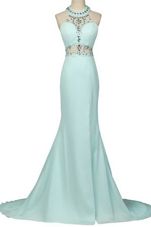 Vintage Mermaid Halter Top Beading Light Blue Zipper Sleeveless With Brush Train