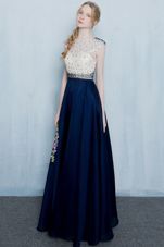 Scoop Floor Length Column/Sheath Cap Sleeves Navy Blue Formal Evening Gowns Zipper