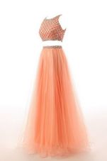 Classical Orange A-line Organza Scoop Sleeveless Beading and Belt Side Zipper Juniors Evening Dress Sweep Train
