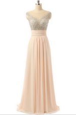 High Class Scoop Peach Sleeveless Beading and Sequins and Belt Side Zipper Evening Dress