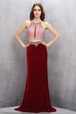 Scoop Sleeveless Brush Train Criss Cross Beading and Appliques Evening Dress