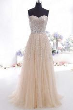 Sweetheart Sleeveless Organza Evening Dresses Beading and Belt Sweep Train Zipper