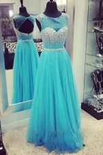 Scoop Sleeveless Prom Dress Floor Length Beading Turquoise Chiffon