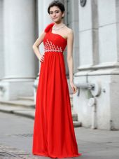 Elegant Coral Red Chiffon Zipper One Shoulder Sleeveless Floor Length Prom Dresses Beading and Ruching