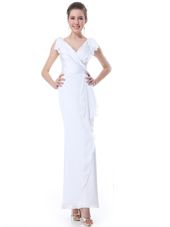 White Column/Sheath Ruffles Homecoming Dress Zipper Chiffon Cap Sleeves Floor Length