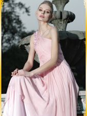 Empire Baby Pink One Shoulder Chiffon Sleeveless Floor Length Side Zipper