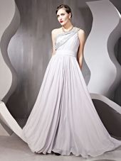One Shoulder Sleeveless Side Zipper Prom Gown Silver Chiffon
