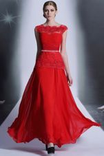 Clearance Scalloped Sleeveless Prom Party Dress Floor Length Beading and Lace Red Chiffon