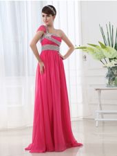 Elegant Hot Pink Chiffon Side Zipper One Shoulder Cap Sleeves With Train Womens Evening Dresses Brush Train Beading and Ruching