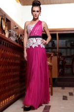 One Shoulder Sleeveless Beading and Appliques and Ruching Side Zipper Evening Dress