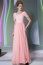 Sweet Scoop Baby Pink Side Zipper Prom Dress Beading Cap Sleeves Floor Length