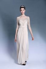 Flirting Pleated Column/Sheath Evening Dress Champagne Bateau Chiffon Short Sleeves Floor Length Zipper