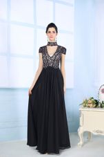 High-neck Short Sleeves Zipper Dress for Prom Black Chiffon