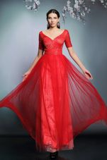 Sumptuous Sequins Red Zipper Short Sleeves Floor Length